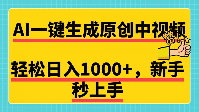免费无限制，AI一键生成原创中视频，新手小白轻松日入1000+，超简单，可矩阵，可发全平台副业网-副业赚钱-互联网创业-资源整合99副业网
