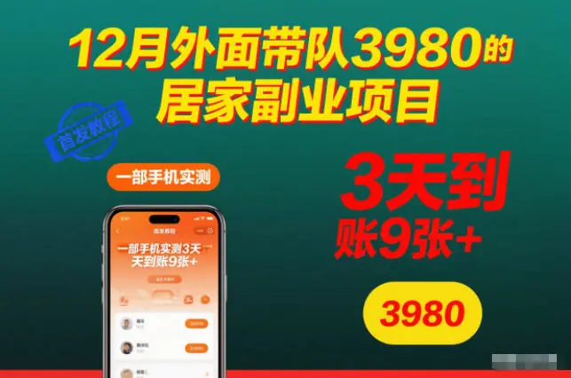 12月外面带队3980的居家副业项目，一部手机实测3天到账9张+，首发教程【揭秘】副业网-副业赚钱-互联网创业-资源整合99副业网