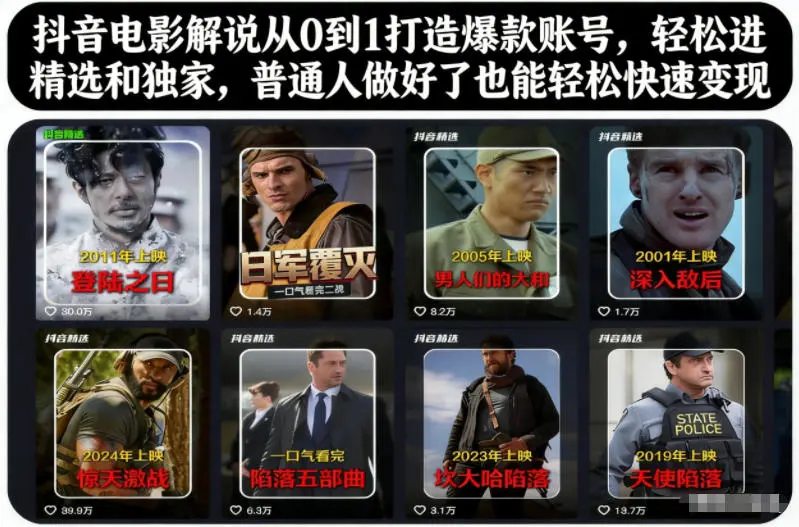 抖音电影解说从0到1打造爆款账号，轻松进精选和独家，普通人做好了也能轻松快速变现副业网-副业赚钱-互联网创业-资源整合99副业网