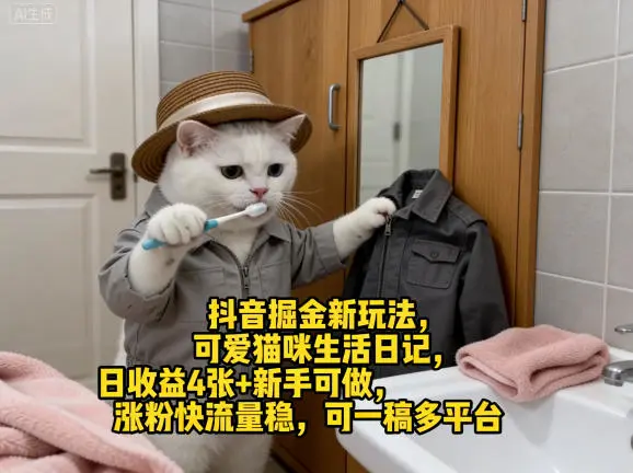 抖音掘金新玩法，可爱猫咪生活日记，日收益4张+新手可做，涨粉快流量稳，可一稿多平台副业网-副业赚钱-互联网创业-资源整合99副业网