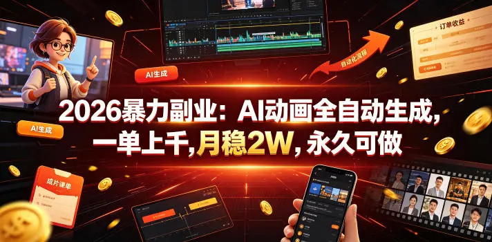 2026暴力副业：AI动画全自动生成，一单上千，月稳2W，永久可做【揭秘】副业网-副业赚钱-互联网创业-资源整合99副业网