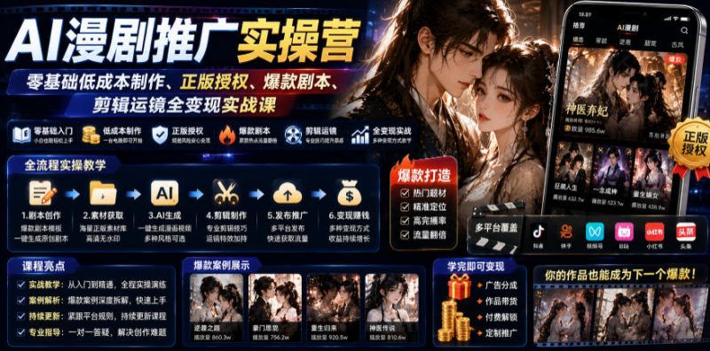 AI漫剧推广实操营｜零基础低成本制作、正版授权、爆款剧本、剪辑运镜全变现实战课副业网-副业赚钱-互联网创业-资源整合99副业网