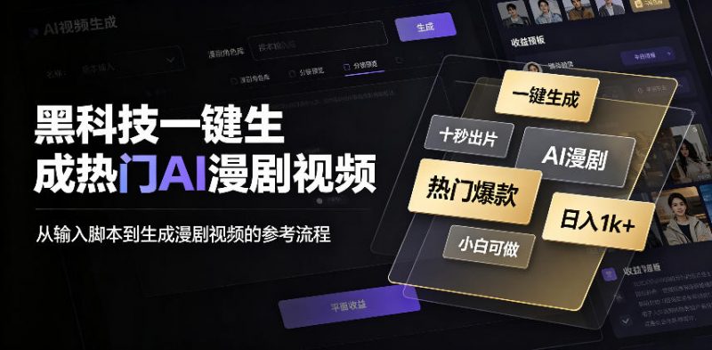 黑科技一键生成热门AI漫剧视频，十秒钟即可搞定，小白也能日入1k+【揭秘】副业网-副业赚钱-互联网创业-资源整合99副业网